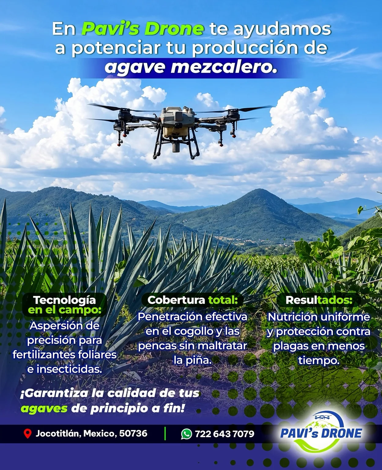 Dron agrícola de Pavi's Drone volando sobre un cultivo
